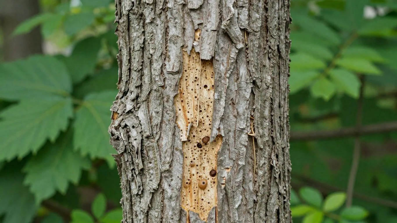 D-shaped exit holes and bark damage from emerald ash borer on Ottawa ash tree
