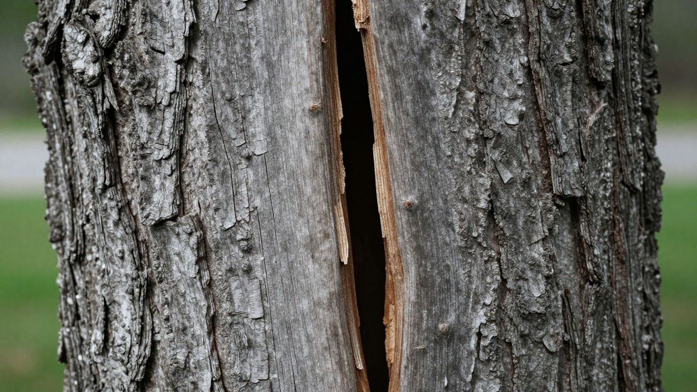 Close-up of a deep vertical crack in a tree trunk, a warning sign of structural failure and hazardous tree removal need